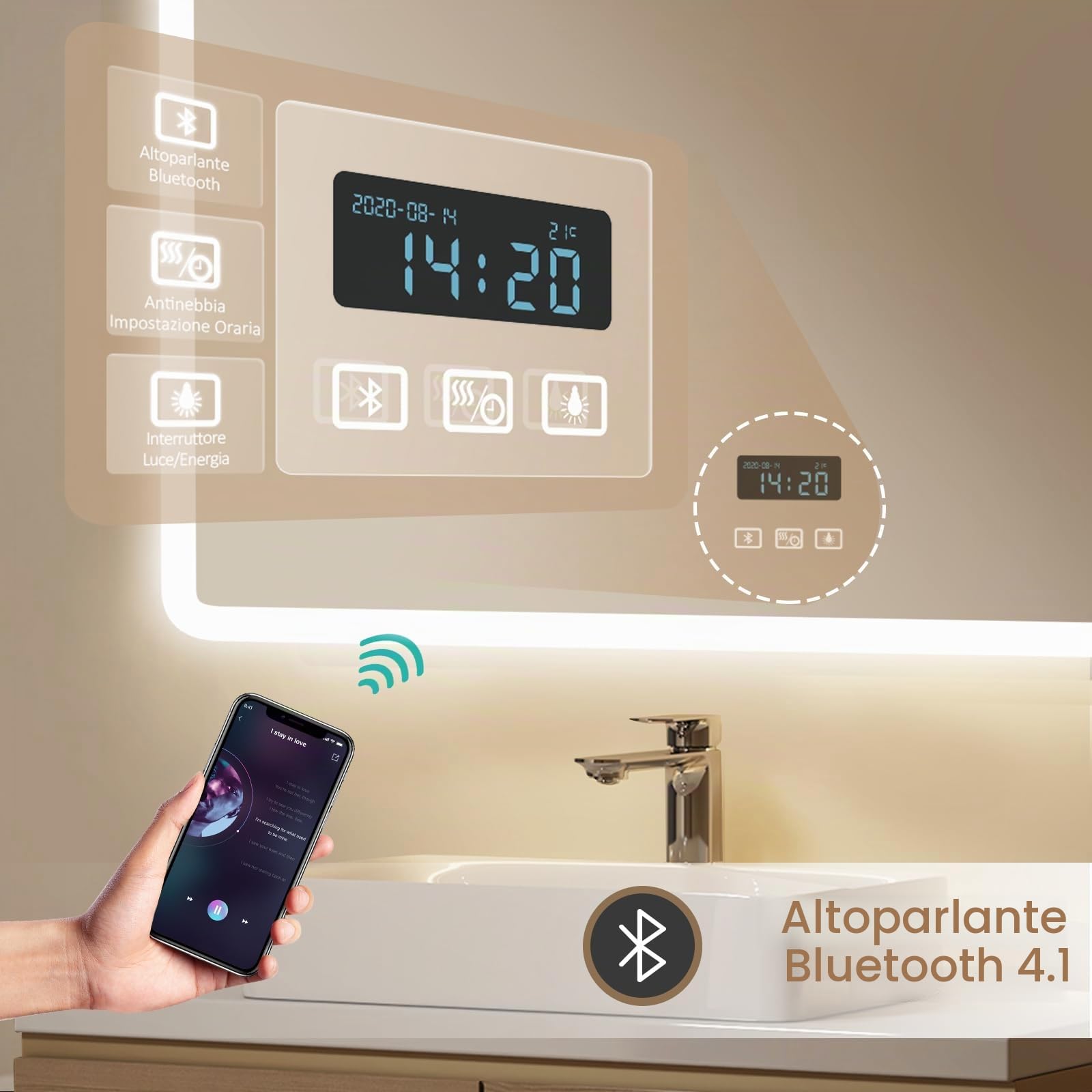 EMKE Specchio Bagno con Luce 80 x 60 cm, Bluetooth, Interruttore Tattile | Antiappannamento e Orologio e 3 Volte Lente D'ingrandimento, Luce Dimmerabile e Variabile