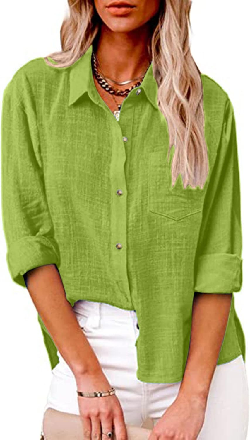 Miniatura 2 de SMIDOW Camisas de lino de algodón con botones para mujer, cuello en V, enrollables, blusas de manga larga, camisas de cuello suelto, blusas casuales