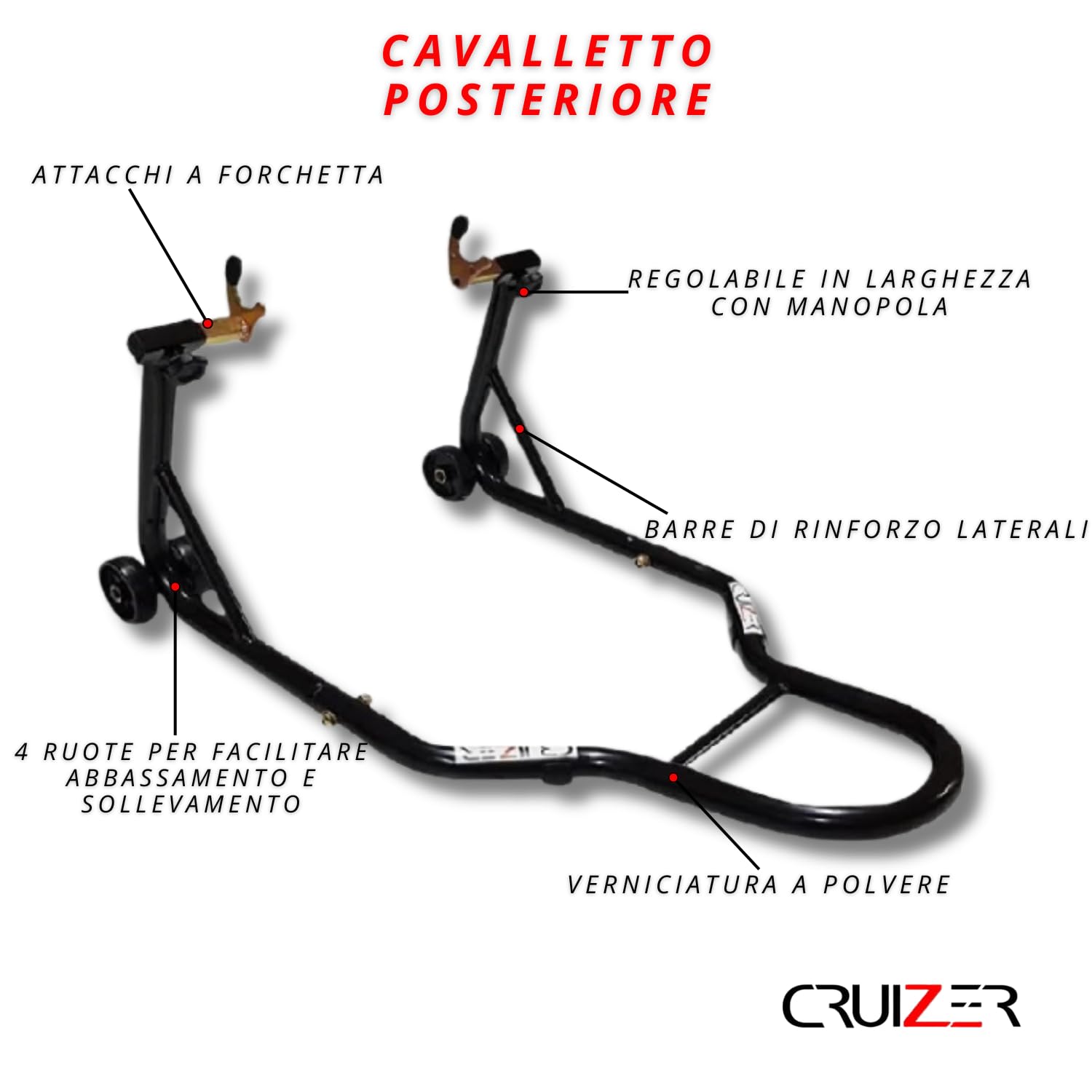 CRUIZER Cavalletto Moto Anteriore con Attacchi a Cono + Cavalletto Posteriore a Forchetta Regolabili con Ruote Sottostanti Barre Rinforzi Laterali Carico Massimo 600 kg