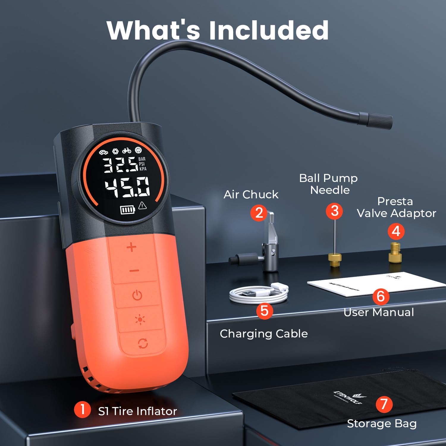 ETENWOLF VORTEX S6 Tire Inflator Portable Air Compressor, Cordless Air Pump | with 19200mAh for Heavy duty Vehicle, Car & Inflatables, 100% Duty Cycle & Dual Cylinder, Bike Pump with LED Backlight,Orange product image 16