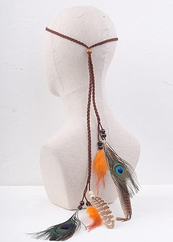 Miniatura 3 de Jumwrit Diadema de plumas bohemias indias hippie gitano colorido pavo real pluma borla tocado ajustable cuerda de cáñamo cuentas accesorios para