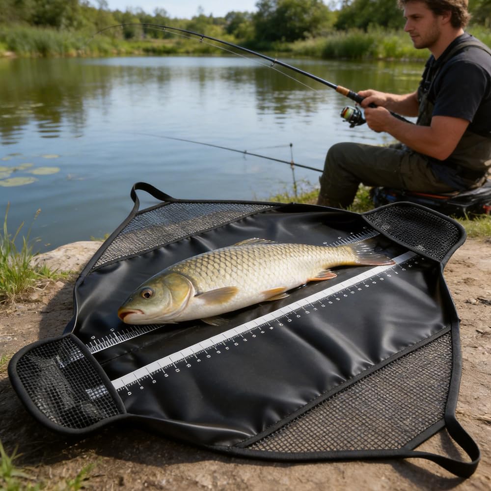 Abhakmatte mit Maßband 120x65cm, Abhakmatte Angeln Karpfen, mit Tragegriffe, Faltbare Wiegesack Karpfenangeln, Angel Zubehör für Rotauge, Barsch, Karpfen, Brasen, Welse, Raubfisch