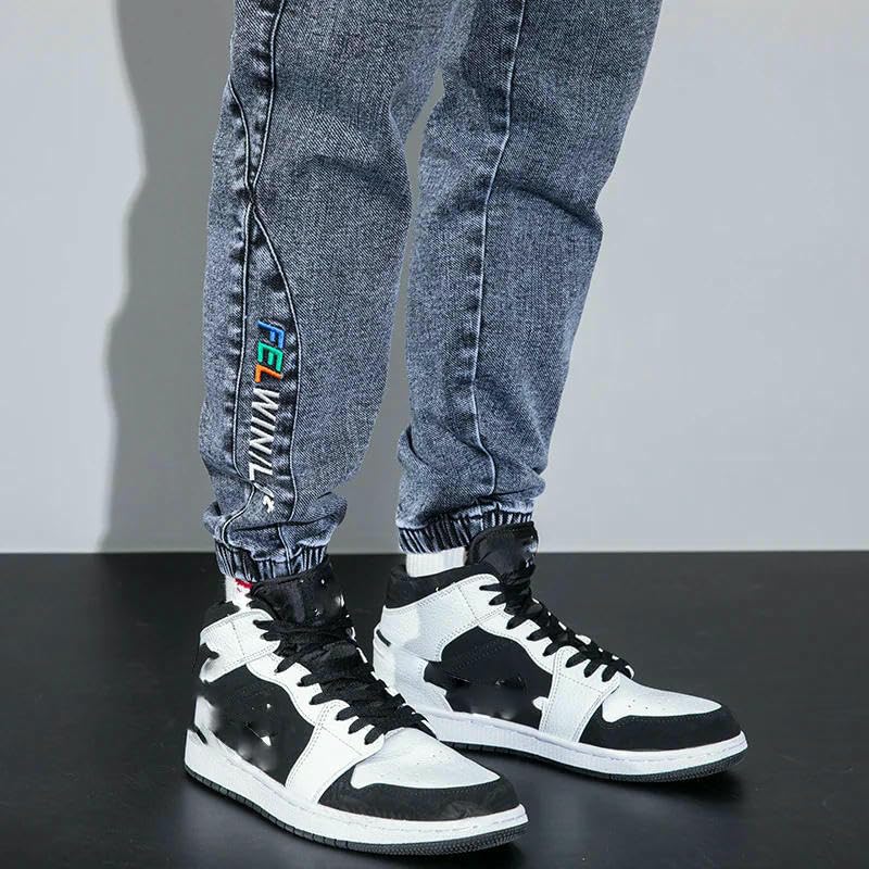 Four Seasons Men's Jeans Text Embroidery Baggy Elastic Waist Harlan Cargo Jogger Denim Pants Trousers Male4