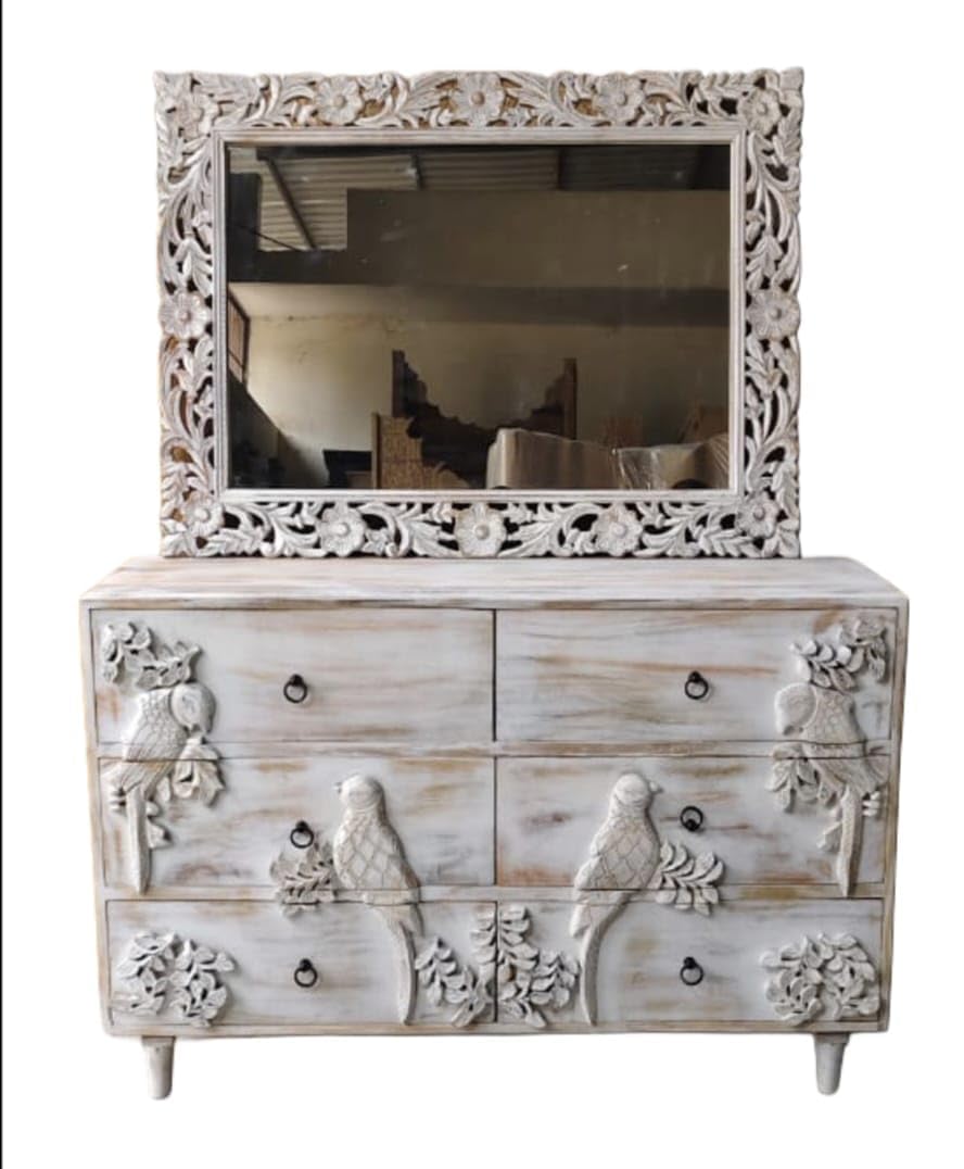 Handcrafted Wooden Dressing Table with Mirror White Washed Carved Parrot Design Chest of Drawers Vanity Table with 6 Storage Drawers Bedroom Makeup Console 137 x 40 x 90 cm-image-1