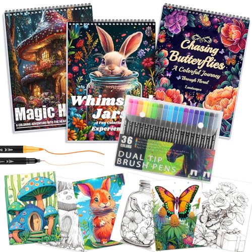 Image of 3Pcs Adult Coloring Book for Women Relaxation, Spiral Bound Adult Coloring Books for Women with 36 Markers, 36 Dual Tip Colors Markers, Mindfulness Gifts - 72 Patterns