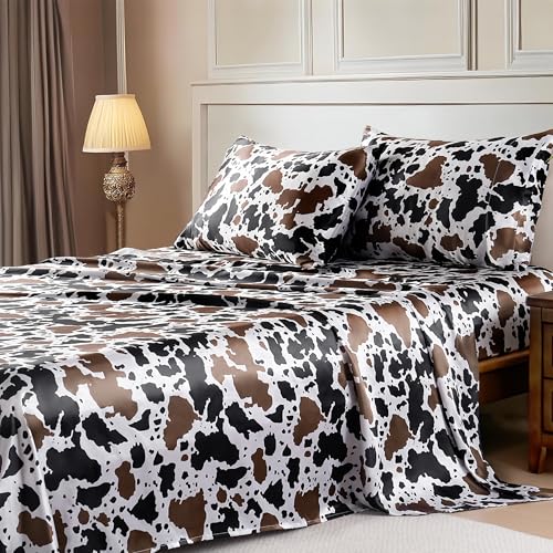 Image of MR&HM Satin Bed Sheets with Elastic Corner Straps, King Size Sheets Set, 4 Pcs Silky Bedding Set with 15 Inches Deep Pocket for Mattress (King, Cow Print)