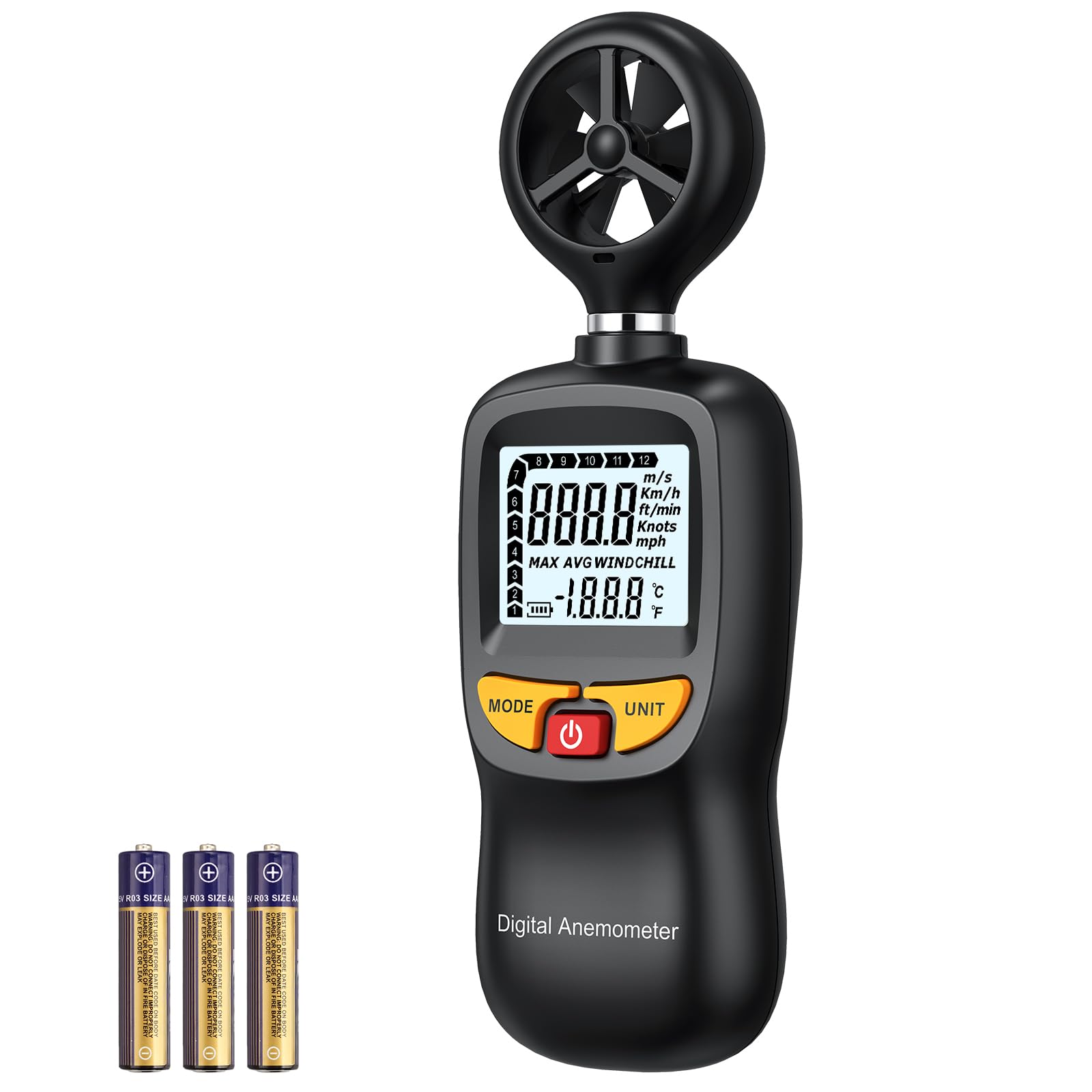 Handanemometer Digital Mini Windgeschwindigkeitsmesser mit LCD Hintergrundbeleuchtung, Luftstrommesser mit Temperatur & Windchill, Max/AVG Modus für HVAC Segeln Drohne Golf