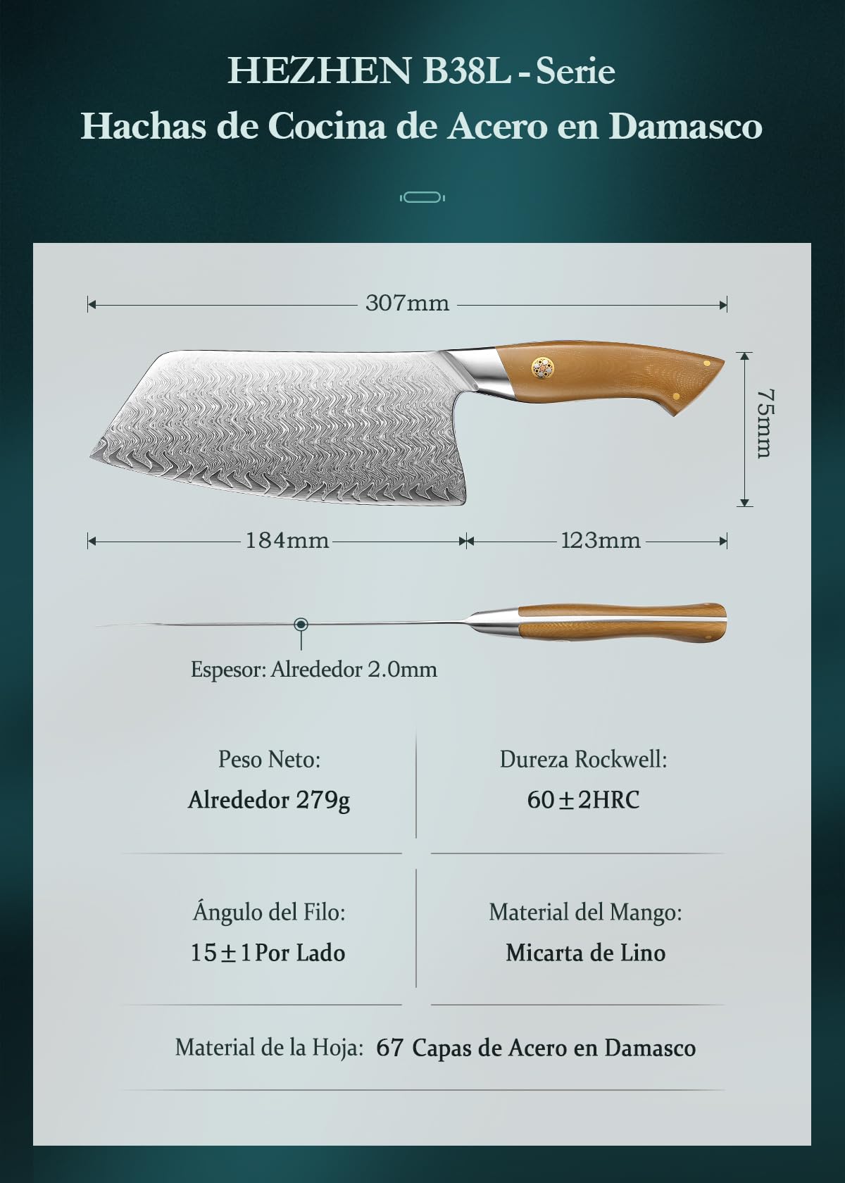 HEZHEN Damasco Hachas de Cocina Para Rebanar Carne, Multiusos Cuchillo de Chef Carnicero Chino,Cuchillos de Carne Profesional,Full Tang Mango