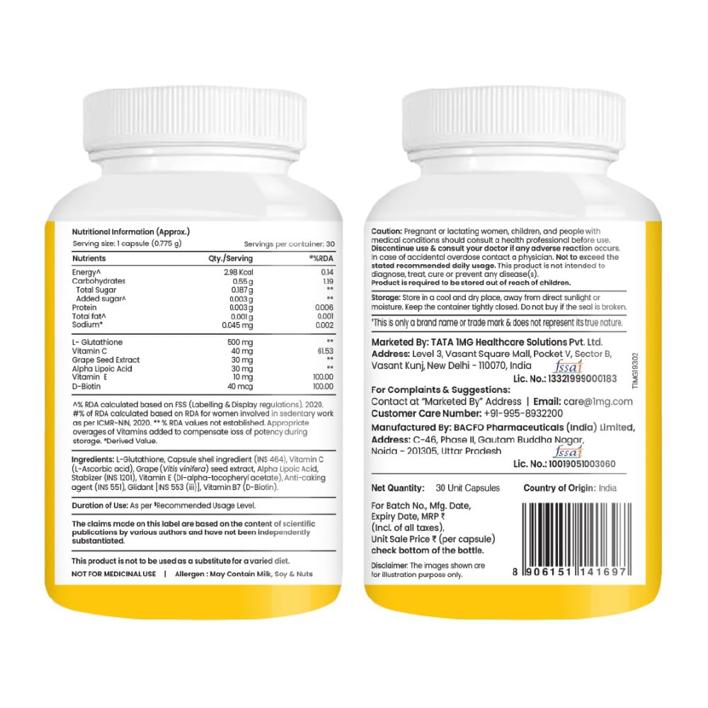 1MG Tata Glutathione Advanced Capsule with Vitamin C,E, Biotin & Grape Seed Extract,For Skin Glow,Hydration & Radiance, Pack of 30 Tablets