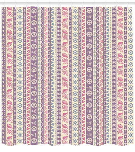 Ambesonne Striped Shower Curtain, Soft Tone with Elements Floral Leaf American Design, Cloth Fabric Bathroom Decor Set with Hooks, 69