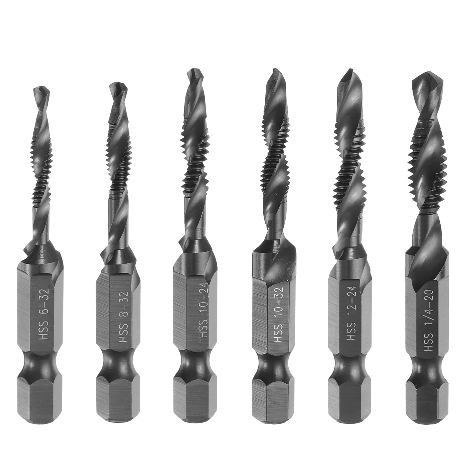 Set di 6 Punte combinate per Trapano e Maschi, Filettatura SAE 6-32NC a 1/4-20NC, Gambo Esagonale da 1/4", Maschi per Filettatura in ossido Nero, Utensili per maschiatura a Spirale, HSS4341