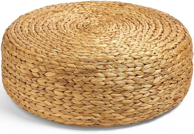 BTFY Water Hyacinth Pouffe Footstool - Large Woven Low Pouf Foot Rest - Round Natural Tan Ottoman - Boho Style Modern Non Crease Pouffe For Living Room & Bedroom - 60cm Diameter