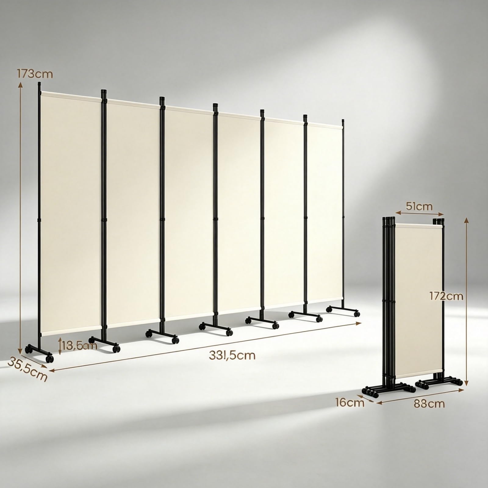 LIFEZEAL Biombo Separador 6 Paneles con Ruedas, Plegable (Beige) | Estructura Metálica, Pantalla Privacidad para Hogar Oficina Terraza Jardín, 331.5x35.5x173 cm, Negro