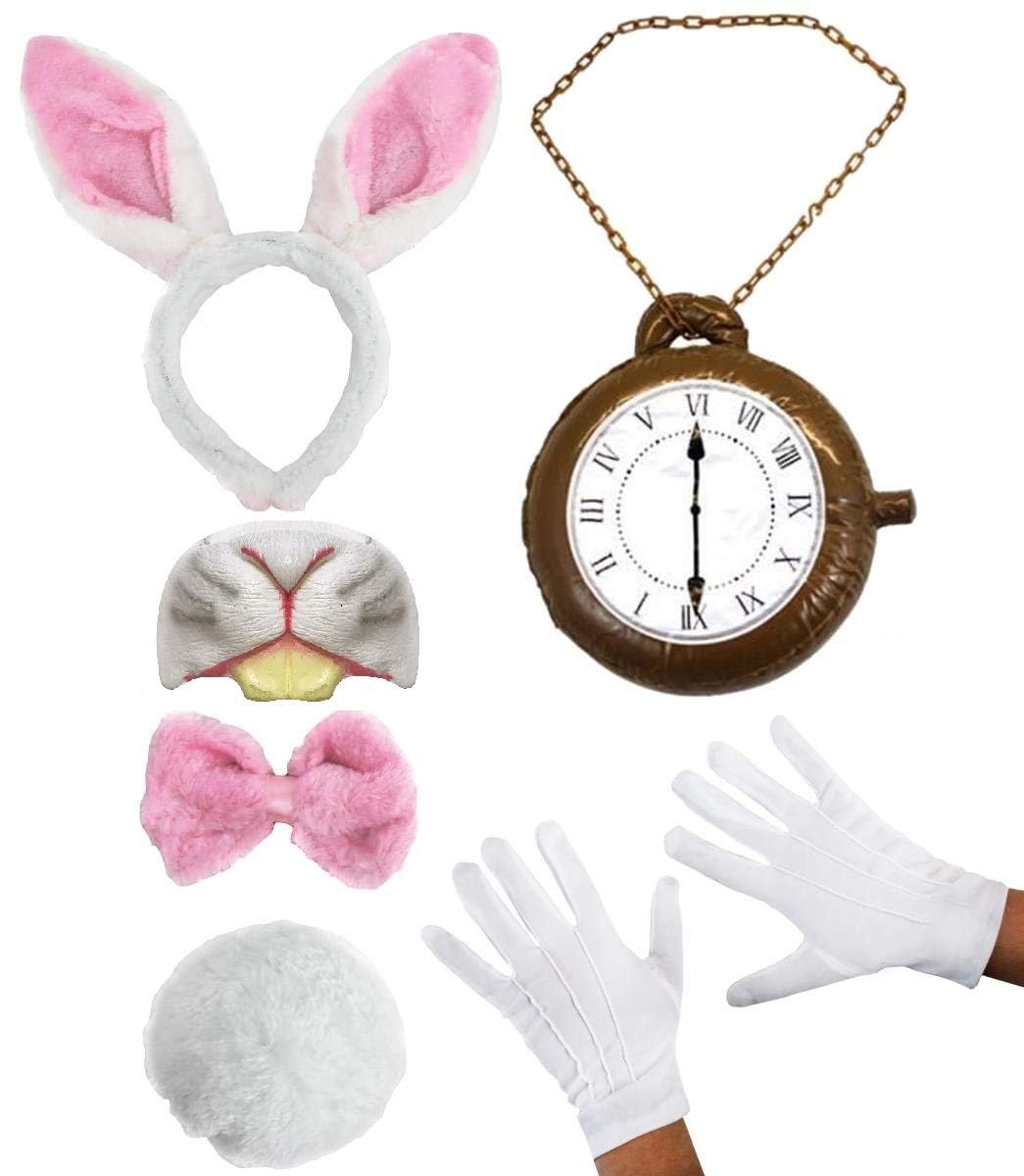 Adults Rabbit Costume Accessory Set, White & Pink Bunny Ears, Pink Bowtie, Rabbit Tail, Gloves, Rabbit Nose, Inflatable Clock