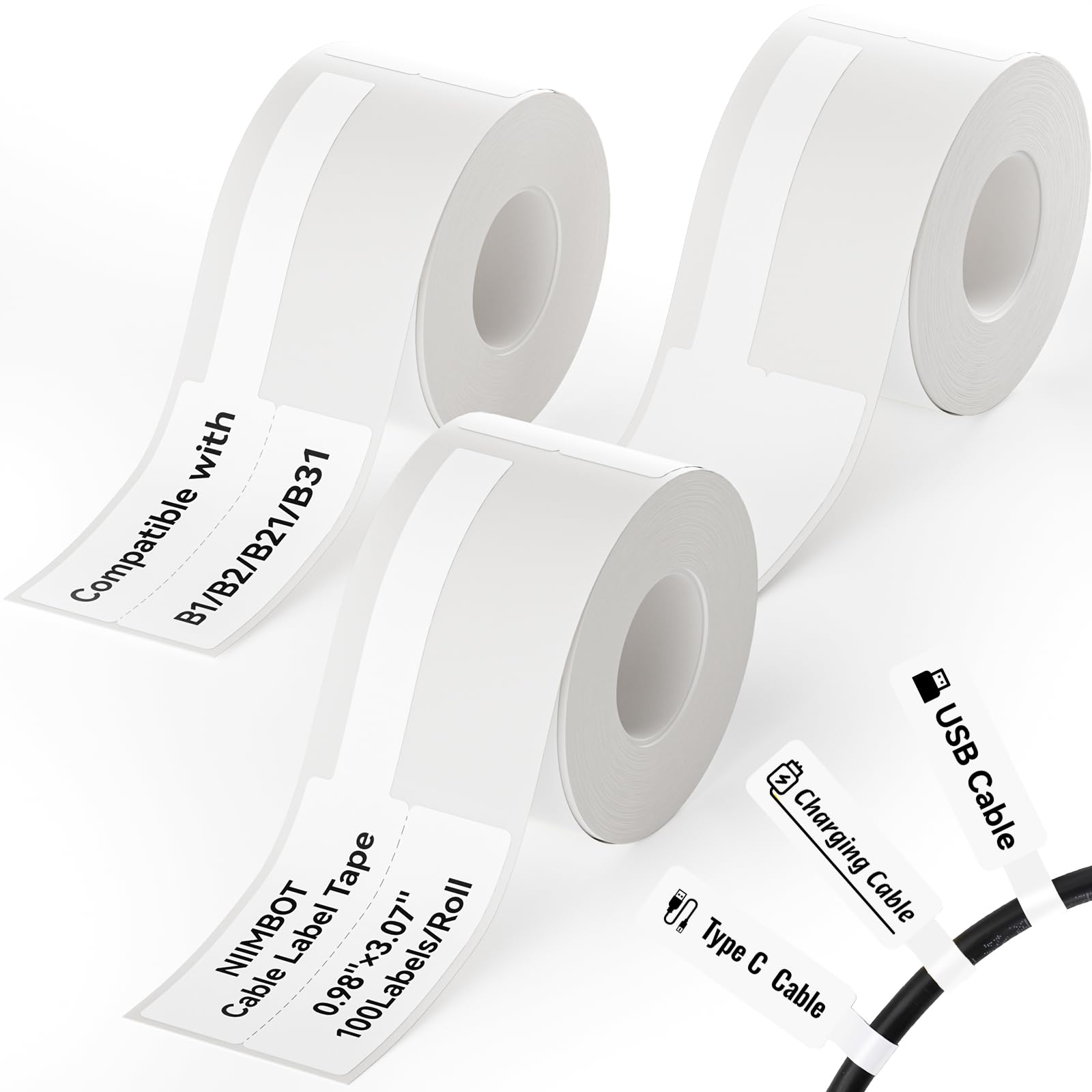 NIIMBOT Cable Labels 3 Rolls Set for B1/B21/B2/B31 Label Maker, White