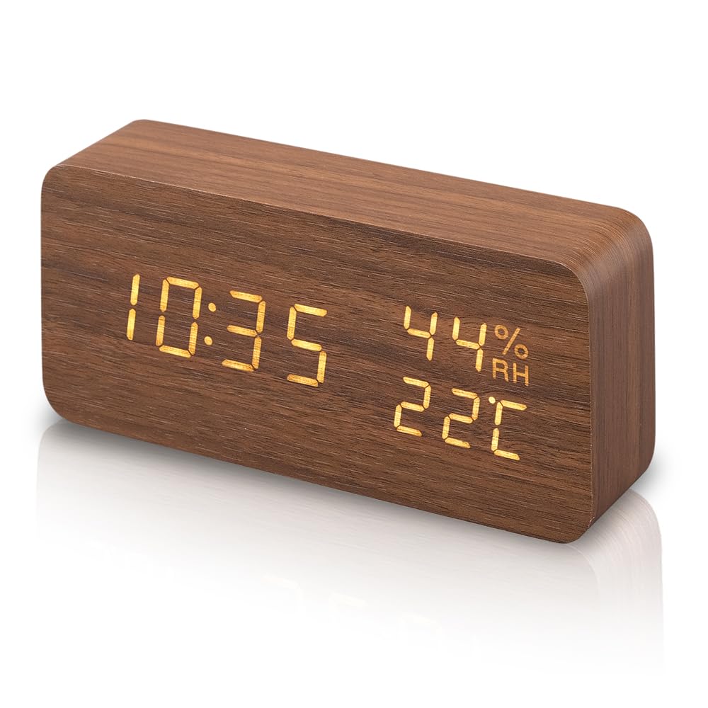 Iris Ohyama ICW-01WH-T Alarm Clock, Digital Brightness Adjustment, Temperature and Humidity Display, Table Clock, Power Saving Mode, Wood Grain Design, Multi-Functional Type, Brown