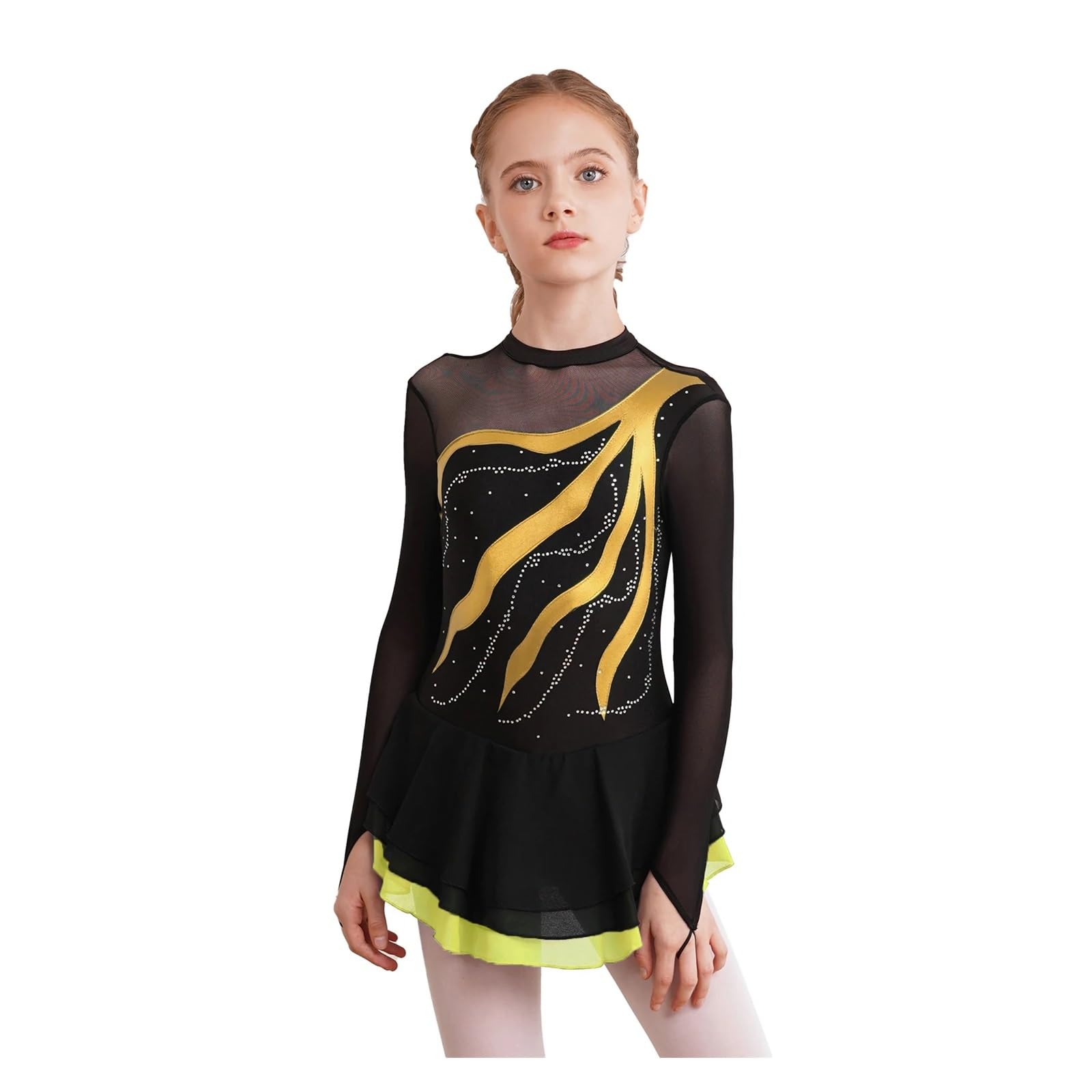Maillot Gimnasia Ritmica Niña Vestido de manga larga con diamantes de imitación for patinaje artístico for niñas, vestido de retazos for ballet, gimnasia, baile, ropa de actuación for niños(Red E,8)