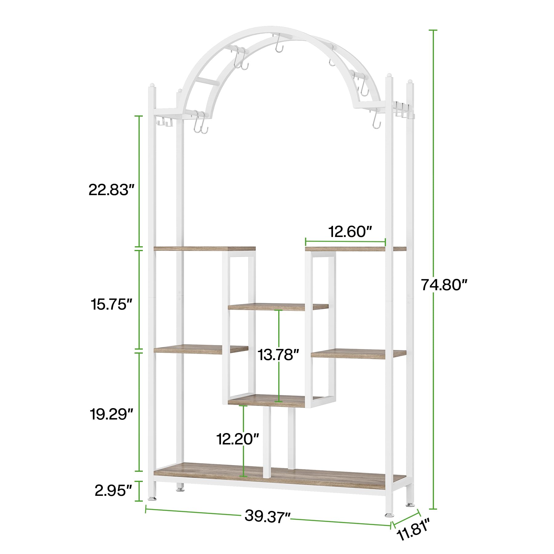 Tribesigns hoher Pflanzenständer für den Innenbereich, 5 Etagen, 190 cm gewölbtes Metall-Blumenregal mit Hängehaken, großes Bonsai-Topf-Display-Regal für Garten, Balkon, Wohnzimmer, Weiß und Grau