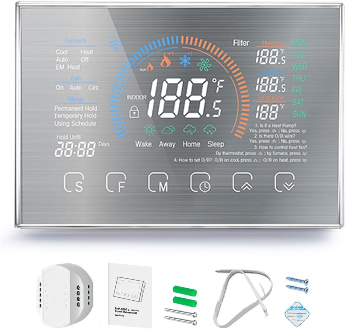 Luqeeg WiFi Smart Programmable Thermostats, APP Voice Control LCD Color Touch Screen Heat Pump Digital Thermostat with C Wire Adapter Energy Saving Easy Installation for Smart Home (Brushed Silver)