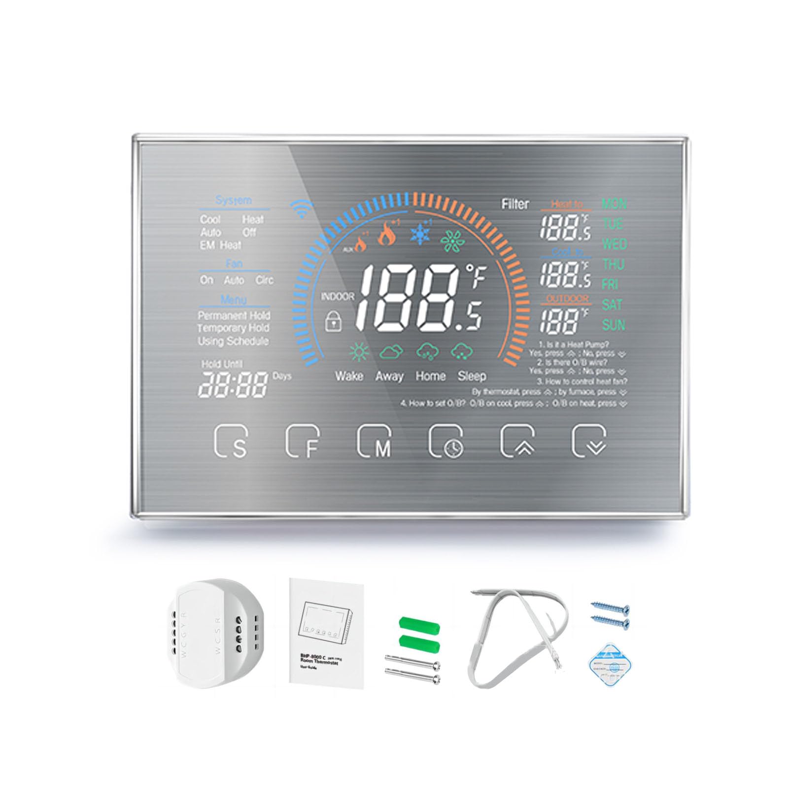 Hyuduo Termostato Intelligente, Touchscreen LCD, Termostato Programmabile per Pompa di Calore, Controllo Vocale, per Sistemi di Riscaldamento e Raffrescamento Domestico (argento spazzolato)