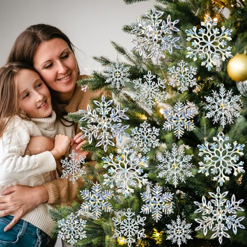 Image of 49Pcs Christmas Ornaments - Iridescent Glitter Snowflake Decorations for Winter Tree, Wall, Ceiling & Window