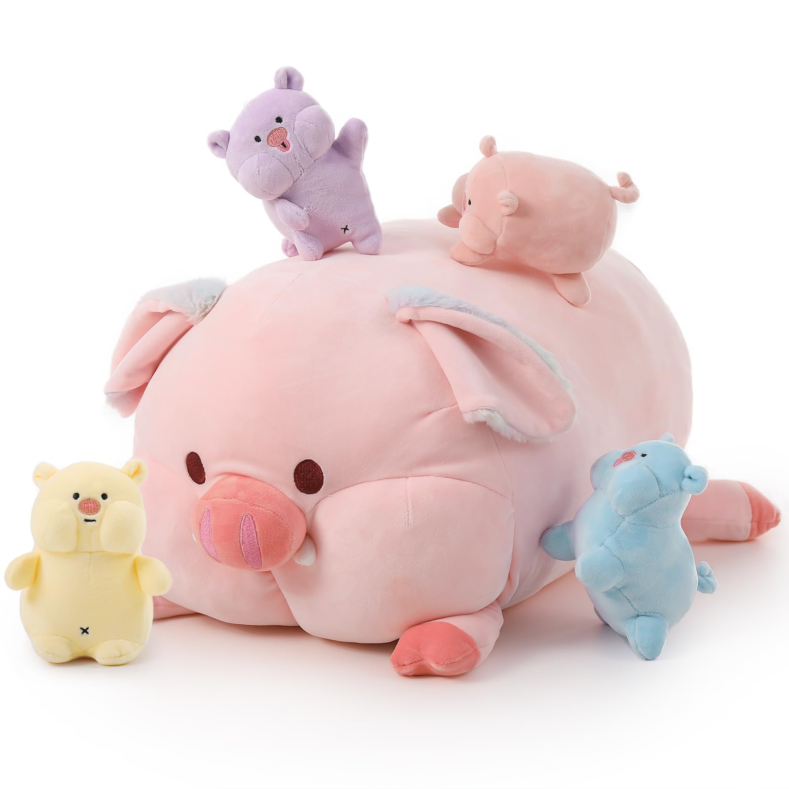Muiteiur 5 Pcs Large Pig Stuffed Animal Set, 20 Inch Big Mommy Stuffed Pig Plush Toys with 4 Babies, Soft Cuddly Pig Weighted Plush Pillow Cute for Kids