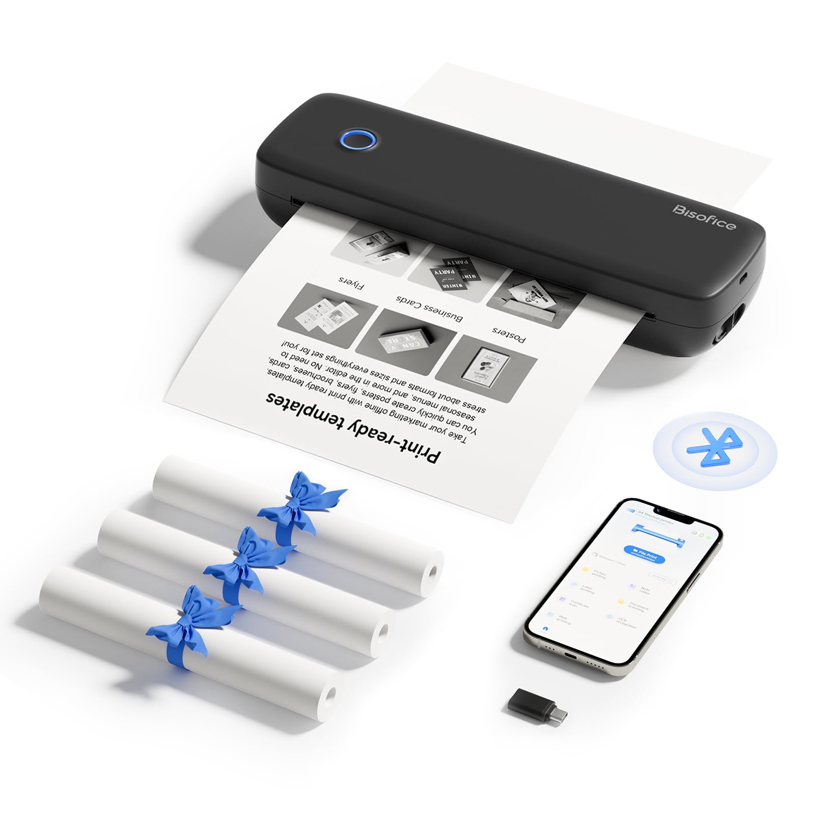 Bisofice L81-300DPI Stampante Termica Portatile A4 Bluetooth USB Monocromo Senza inchiostro Nero