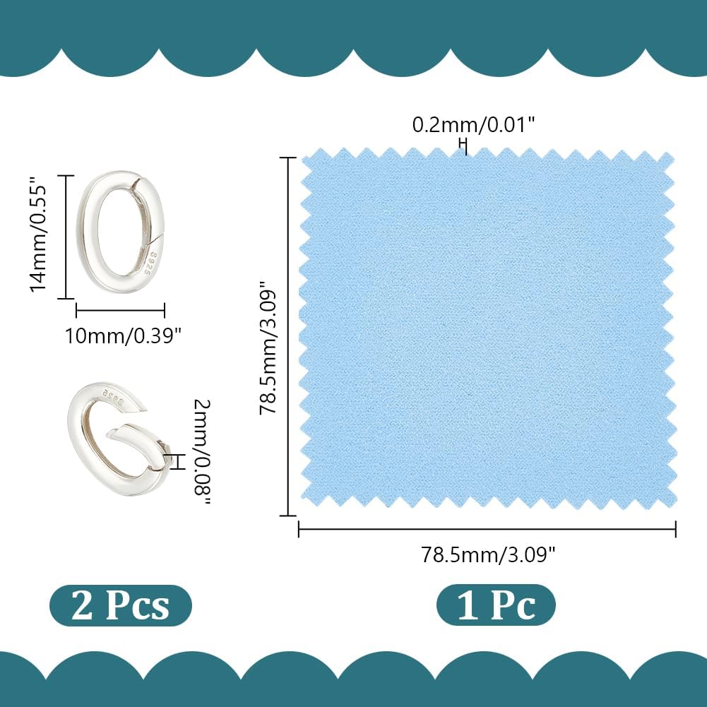 UNICRAFTALE About 2Pcs 925 Sterling Silver Plated Spring Gate Rings Oval Spring Clasp Metal Keychain Carabiner Lock Clasps Connectors 14mm Necklace Enhancer Shortener Clasp with Clean Cloth