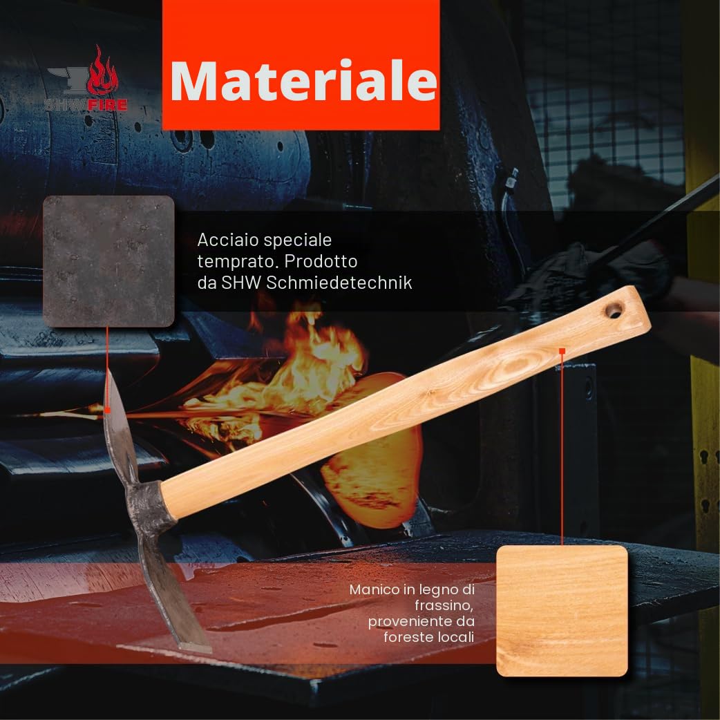 SHW-FIRE - Zappa forgiata stabile per giardino, lama larga e cuore, manico ergonomico corto 40 cm