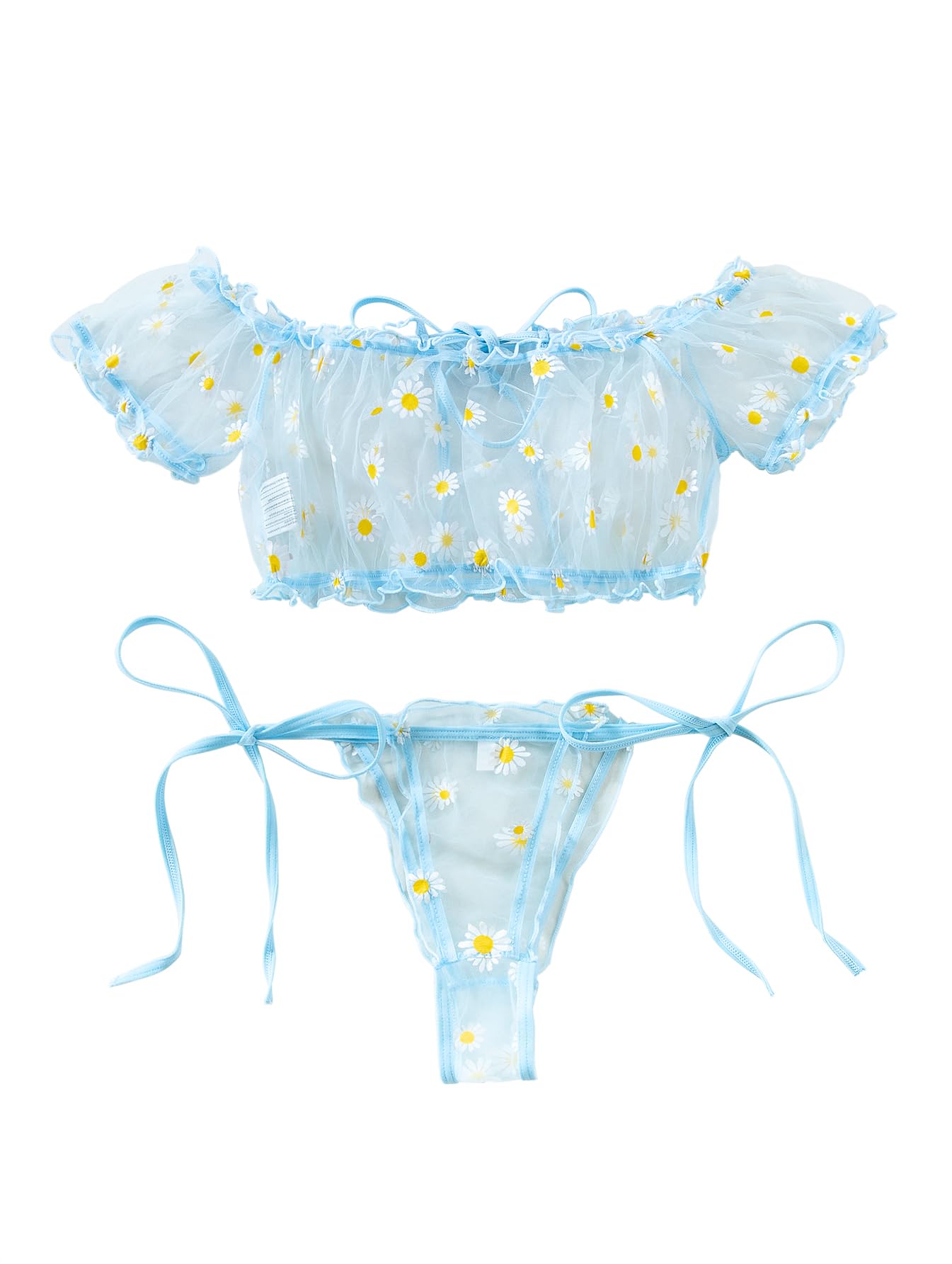 Lilosy Sexy Stretch Ruffle Tie Sheer Mesh Lingerie Set Outfits: Small Flower Blue