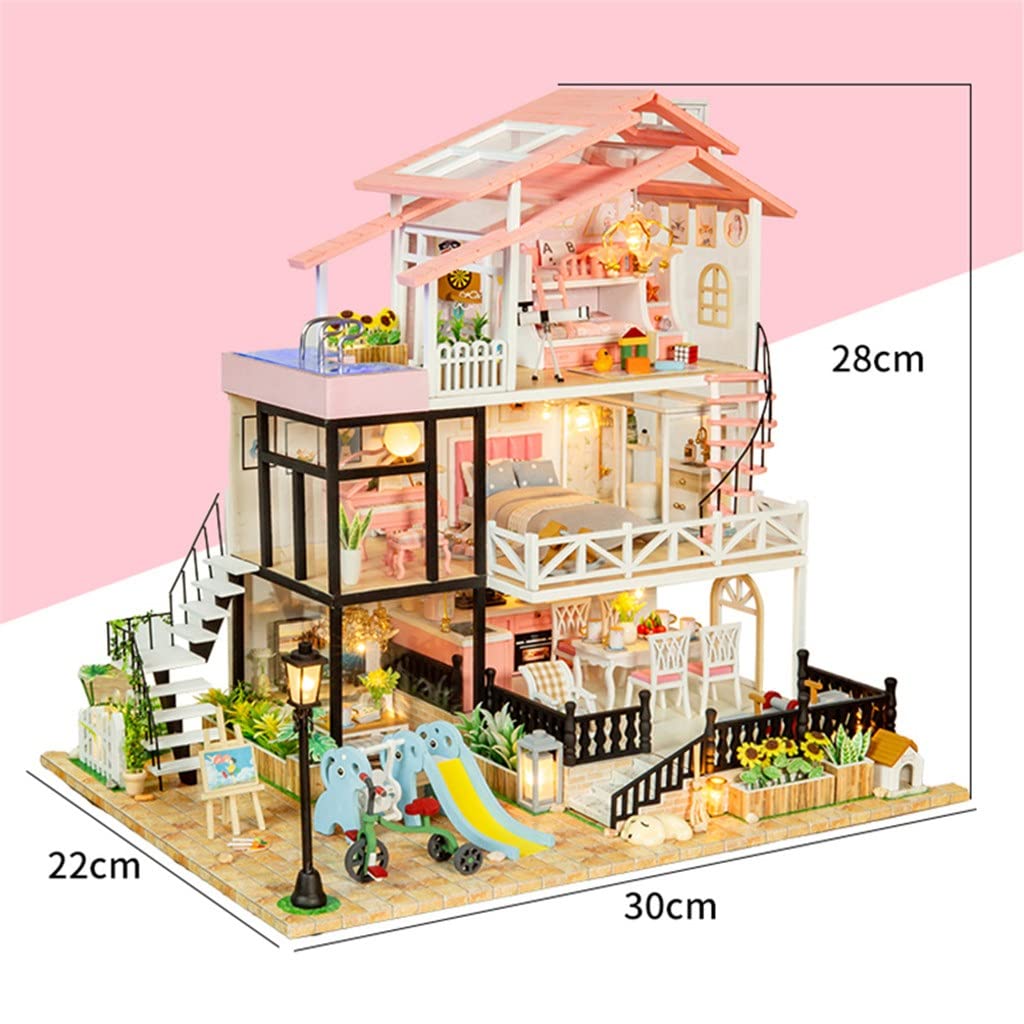 Amazon.co.jp: 家具キット付きDIY木製ドールハウスミニチュアピンク