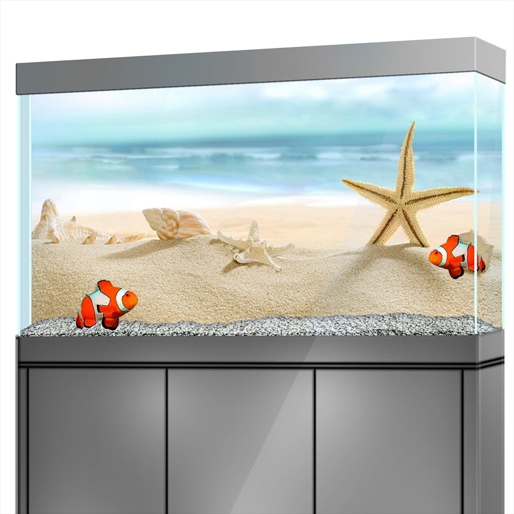 Aquarium Background Stickers - Seastar Beach Conch Self-Adhesive Fish Tank Reptile Terrarium Decor Poster (90 x 60 cm / (35.4 x 23.6 inches))