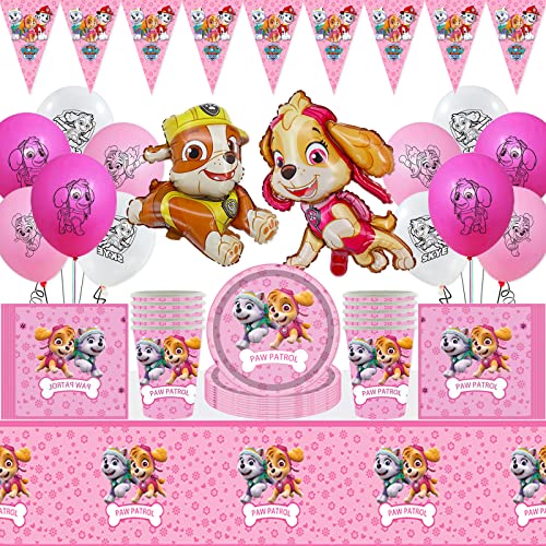 Décoration Anniversaire Pat Patrouille, 56 Pièces Pat Patrouille Anniversaire Vaisselle, Nappe, Assiette, Ballons, Tasse, Fournitures de Fête d'anniversaire Pour Garçons et Filles