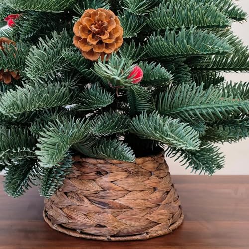 Slsxip 7.5-Inch Mini Christmas Tree Collar, Handcrafted Woven Hyacinth Holiday Rattan Tree Skirt Accessory-Brown