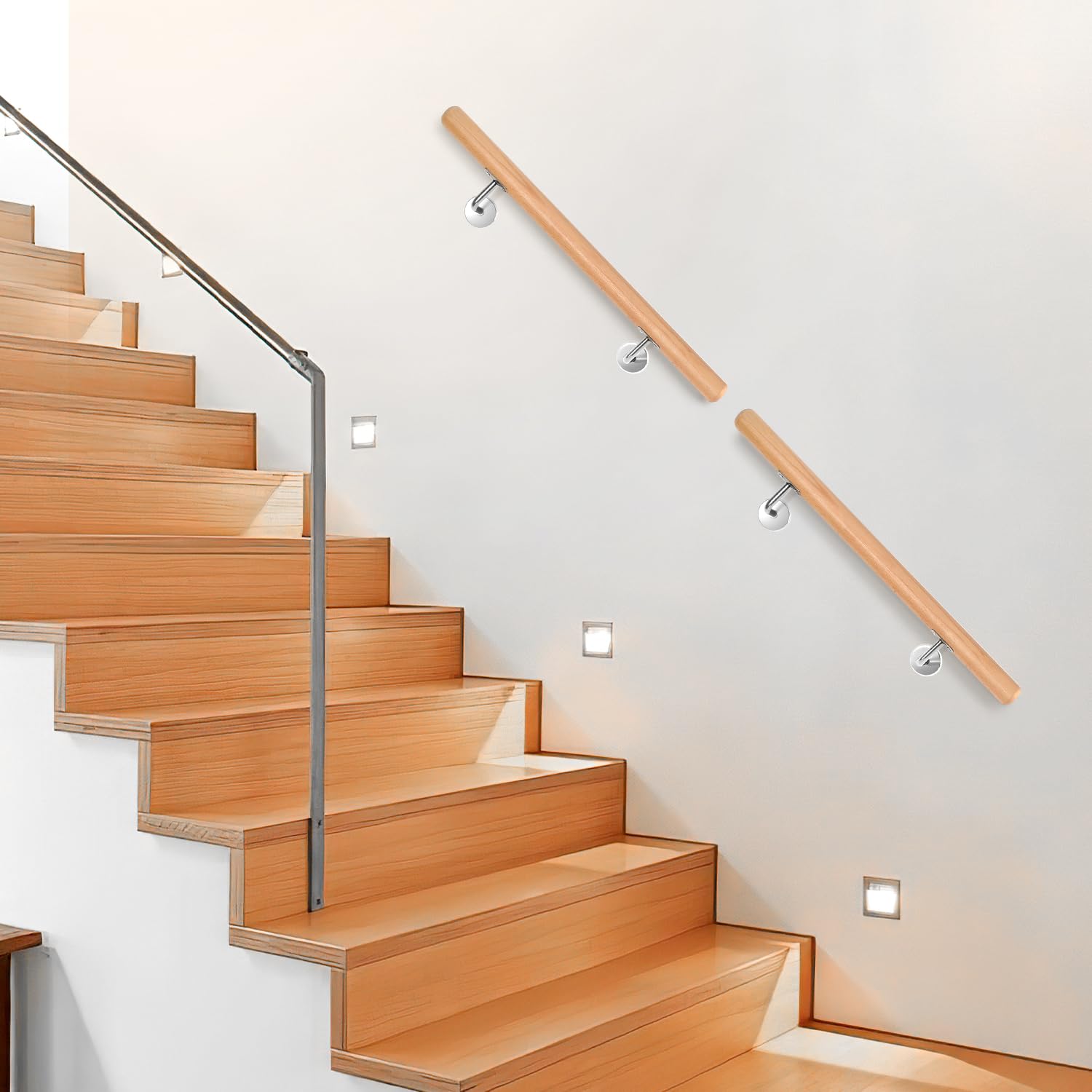 Corrimano in legno di faggio, ringhiera per scale, 50 cm, con supporto a parete, corrimano in legno antiscivolo, per scale, corridoi, scale da giardino, balcone, soffitta
