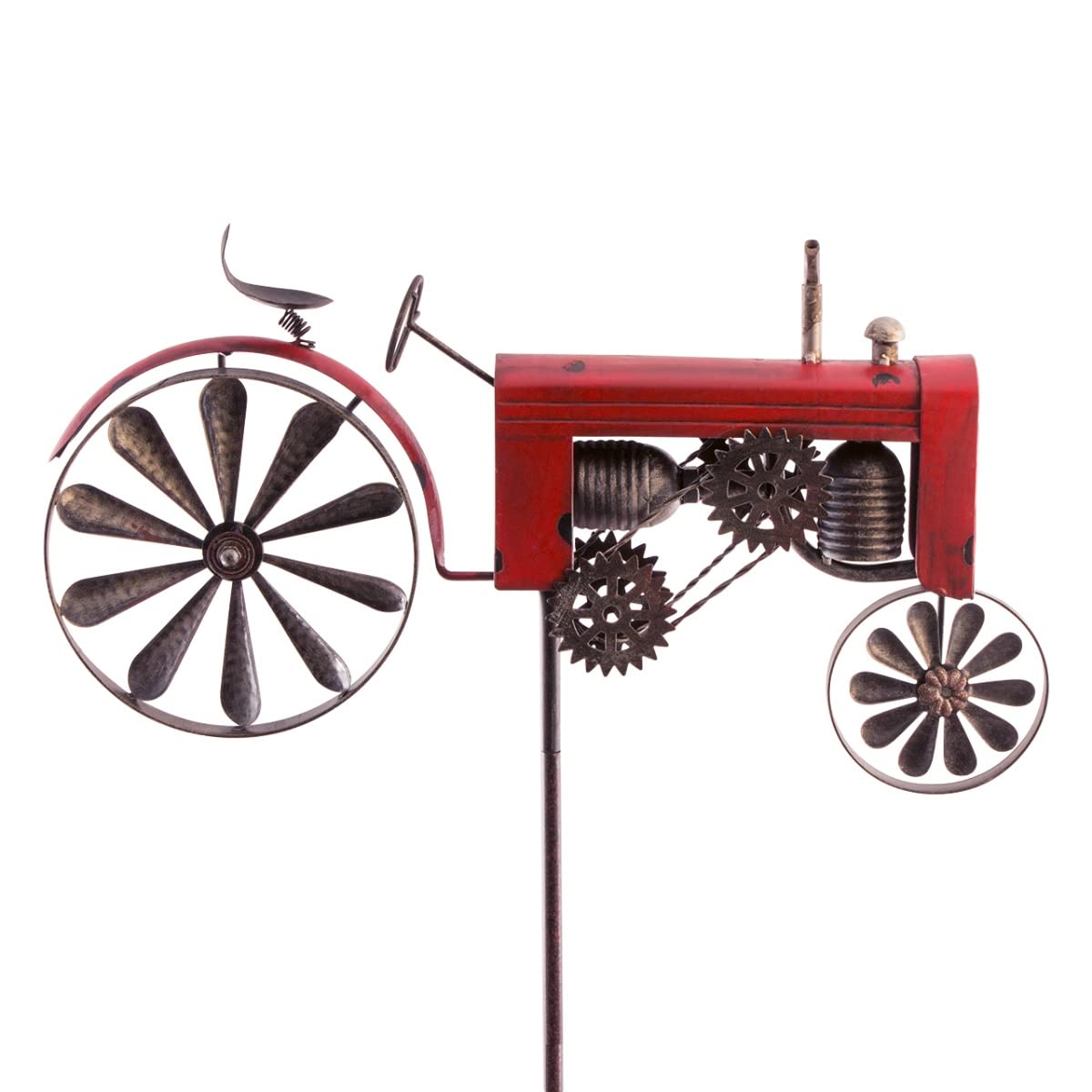 CIM metalowa ozdoba ogrodowa z wiatrakiem – Vehicle – odporna na warunki atmosferyczne – z efektem antycznym – koła wiatrowe: Ø 18 cm, motyw: 51 x 32 cm, wysokość całkowita: 160 cm – atrakcyjna dekoracja ogrodowa (traktor czerwony)