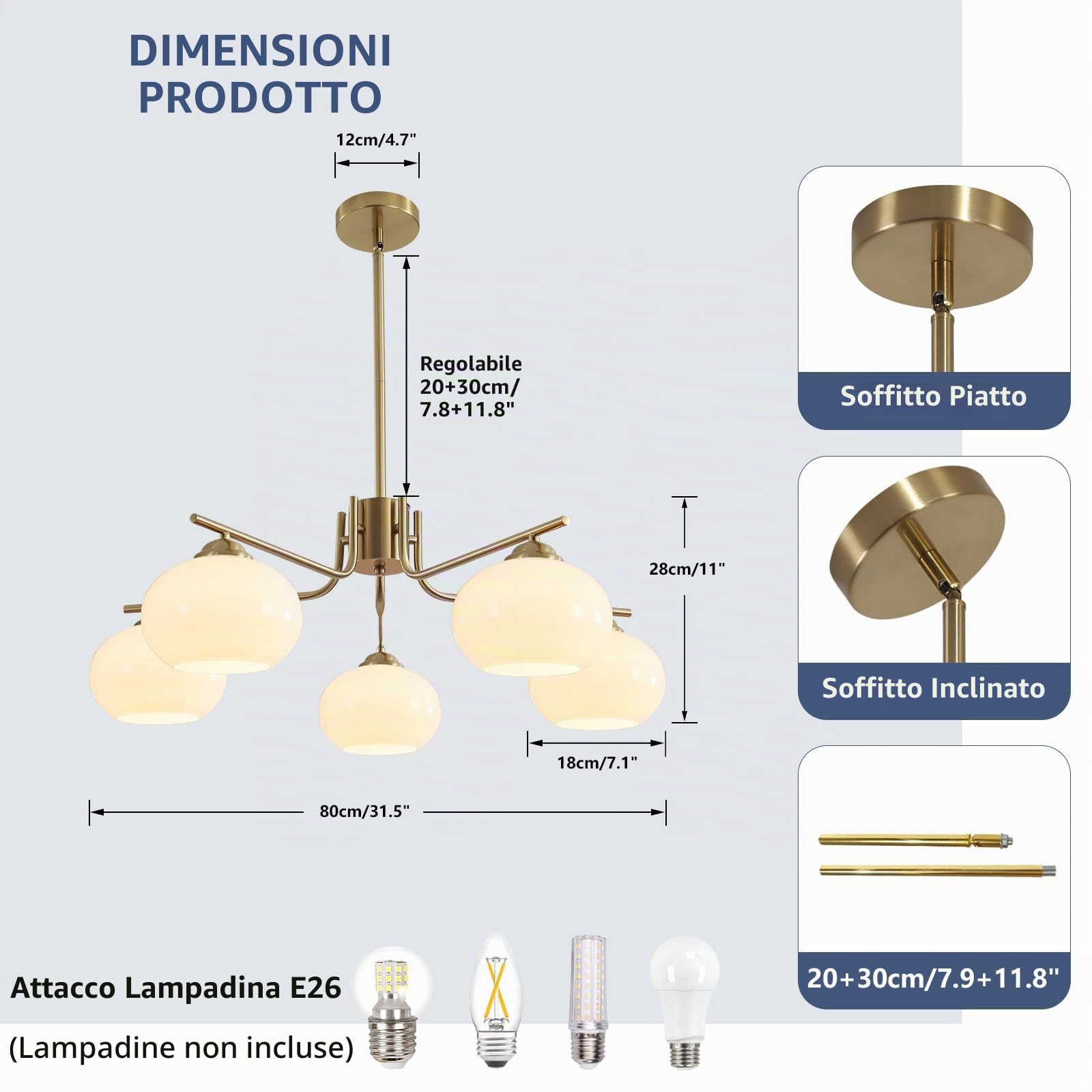 KCO Lighting Lampadario a 5 luci Globe Flush Mount Sputnik Lampadari moderno a sospensione in ottone oro Apparecchio di illuminazione con sfera di vetro al latte Lampadario per l'isola della cucina