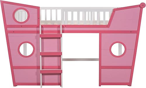 Miniatura 10 de OYN Marco de cama tipo loft en forma de barco de tamaño individual con escalera y ventanas redondas marco de cama de madera maciza con espacio de