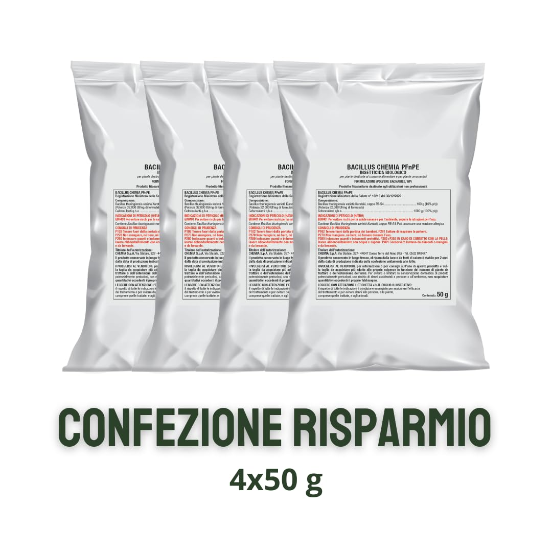 GIARDINI D'ITALIA - Insetticida Piante Biologico per Orto e Giardino a Base di Bacillus Thuringiensis, Insetticida in Polvere Bagnabile Contro Larve e Parassiti - Uso Professionale e Hobbistico, 4x50g