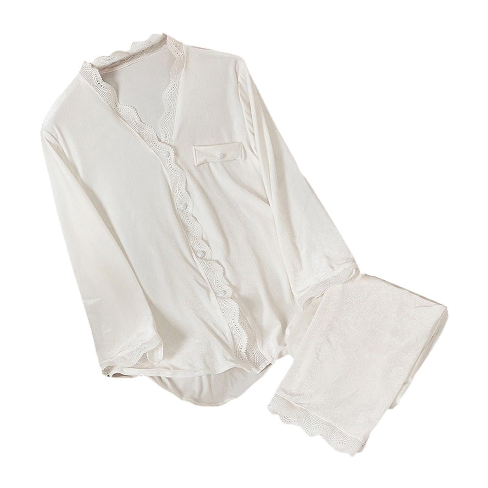 Generico Pigiama Lungo Donna Autunno，Elegante Set Pigiama Donna con Scollo a V e Decorazioni in Pizzo per Un Confort Domestico Lussuoso e Indimenticabile