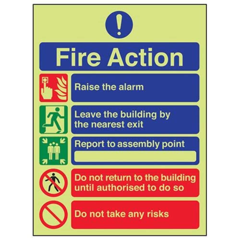 V Safety Glow In The Dark 5 Message Risks Fire Action Notice Sign - 200mm x 300mm - Self Adhesive Vinyl