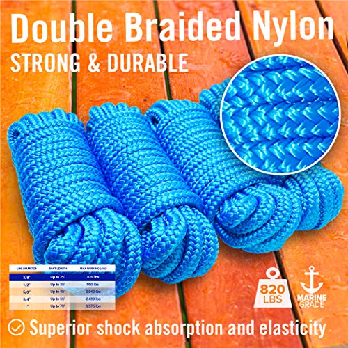Image of Dock Lines for Boats 3 /8 inch x 15ft, 4 Pack Double Braided Nylon Boat Rope