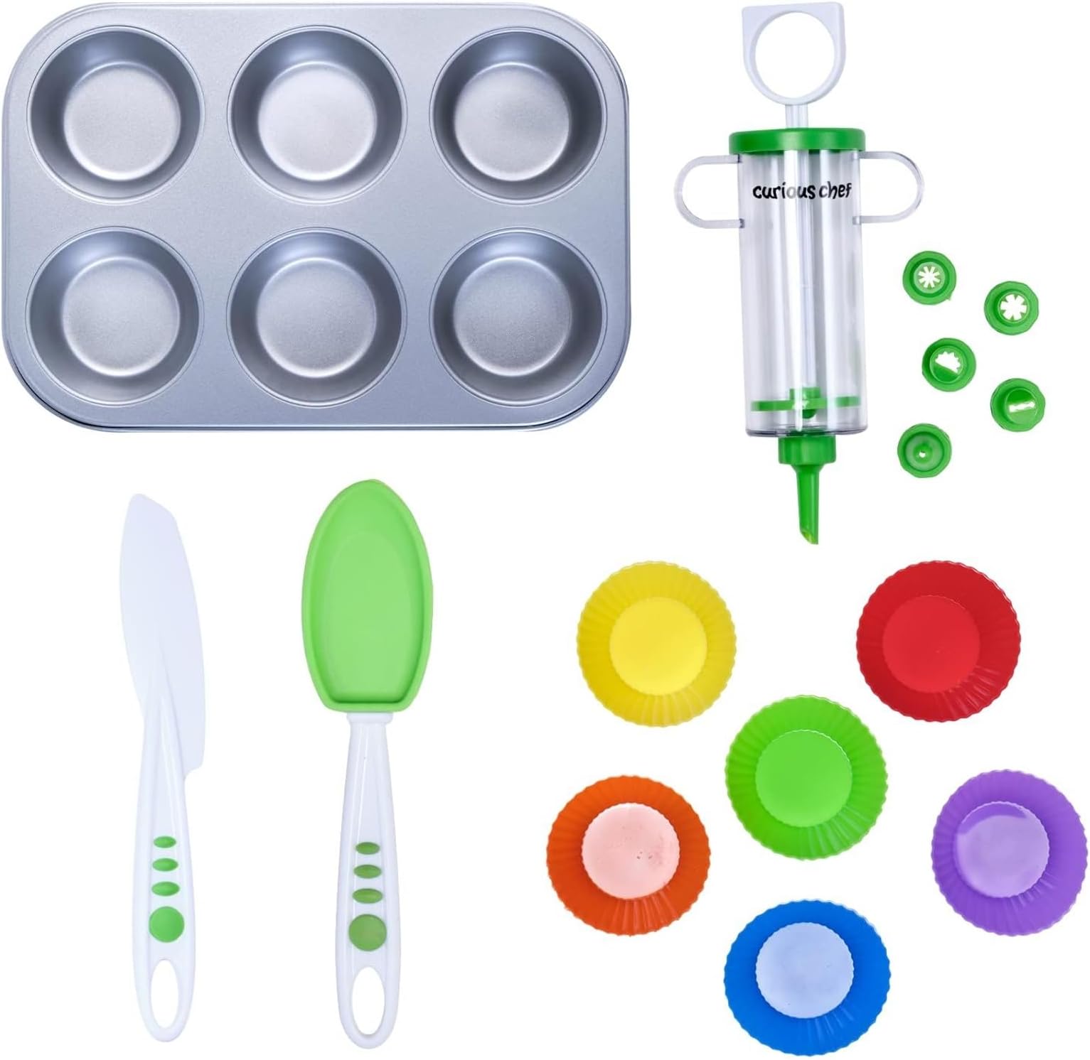 Curious Chef Kids Cookware - 16-Piece Cupcake & Decorating Kit I Real Utensils, Dishwasher Safe, BPA-Free I Non-stick Tin, Liners, Silicone Mixing Spoon, Frosting Spreader, Decorator Tube and More!