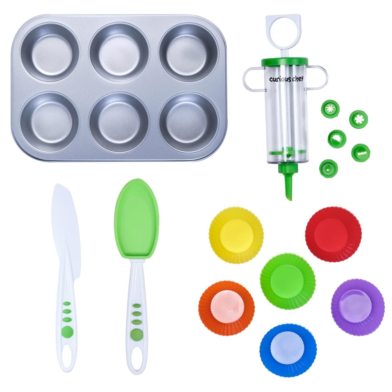 Curious Chef Kids Cookware - 16-Piece Cupcake & Decorating Kit I Real Utensils, Dishwasher Safe, BPA-Free I Non-stick Tin, Liners, Silicone Mixing Spoon, Frosting Spreader, Decorator Tube and More!