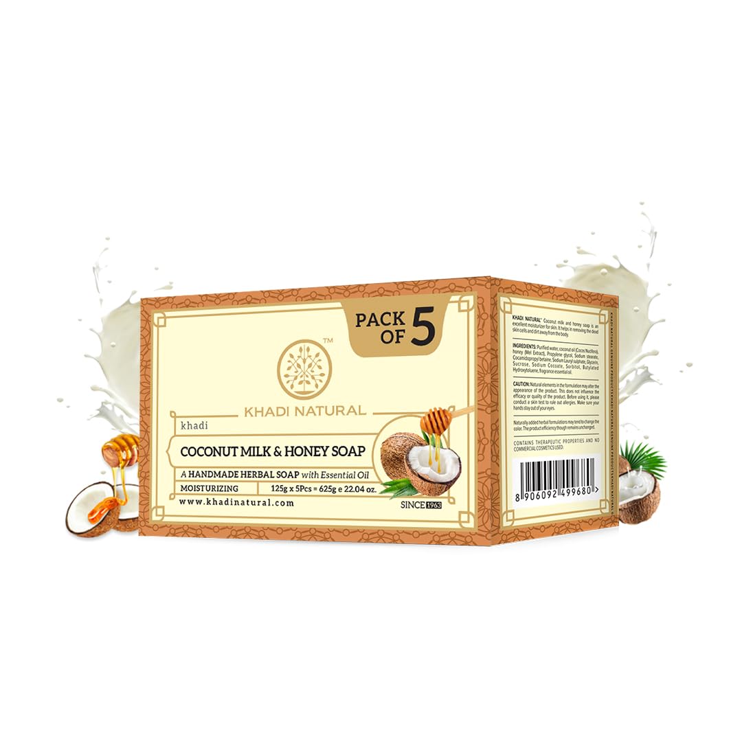Khadi Natural Herbal Coconut Milk & Honey Soap |Herbal Bathing Soap for Glowing Skin| Long Lasting Hydration | Suitable for All Skin Types| (Pack of 5) (5x125 g) (625 g)