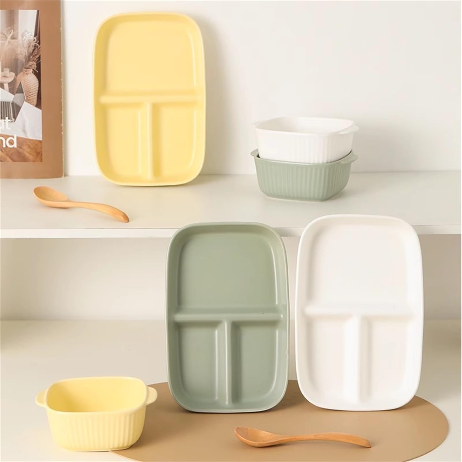 Dzielona taca na talerze, 3-częściowy zestaw naczyń ceramicznych | Kontrola porcji + miska na zupę + łyżka | Naczynia, można używać w kuchence mikrofalowej (Color : Green)