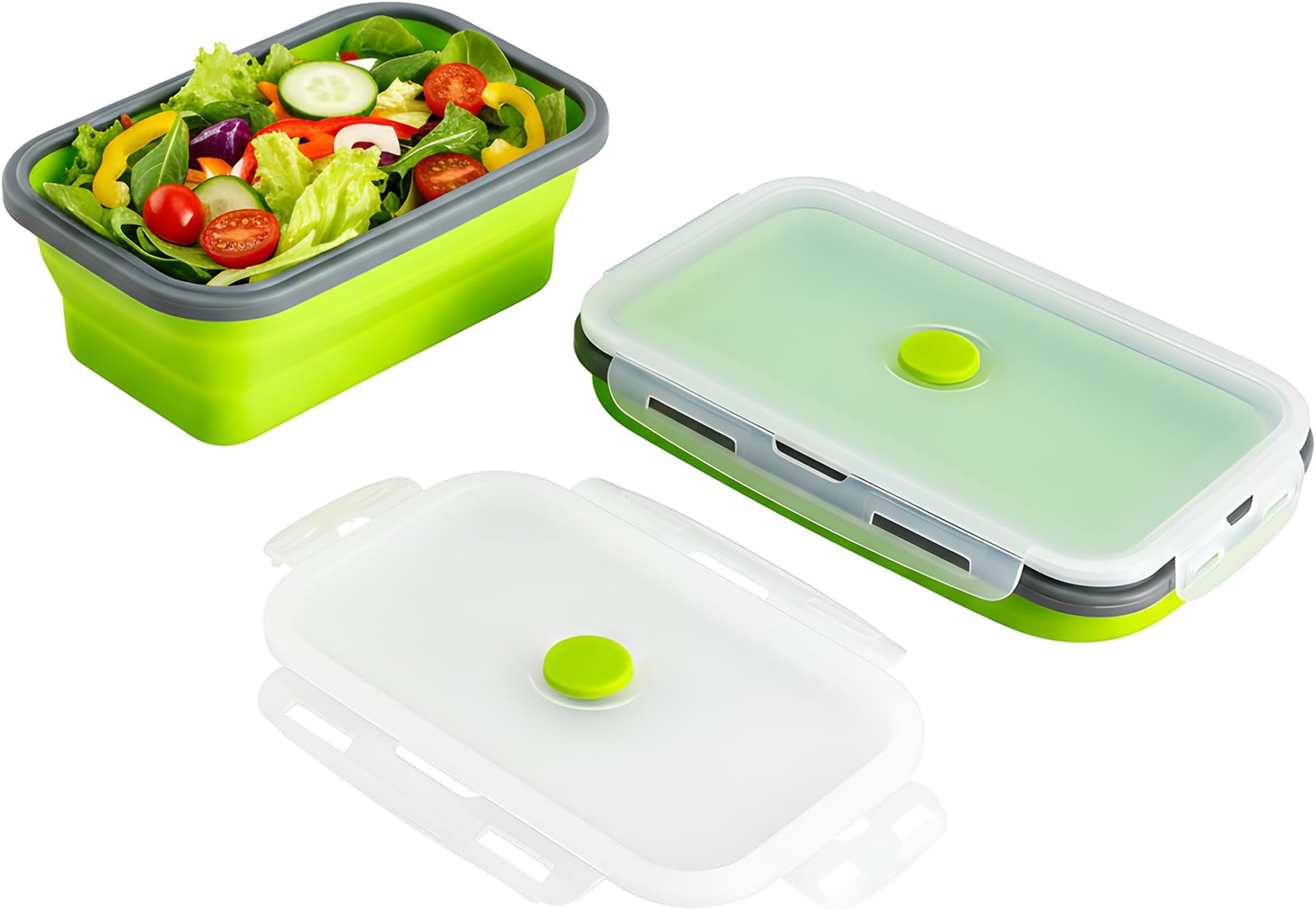 Silicone Lunch Box | Foldable Design with PP Lid | Leak-Proof Travel-Friendly Bento Box | Tiffin Box for School Office Kids | 800ml 1200ml Capacity | Green Pack of 2