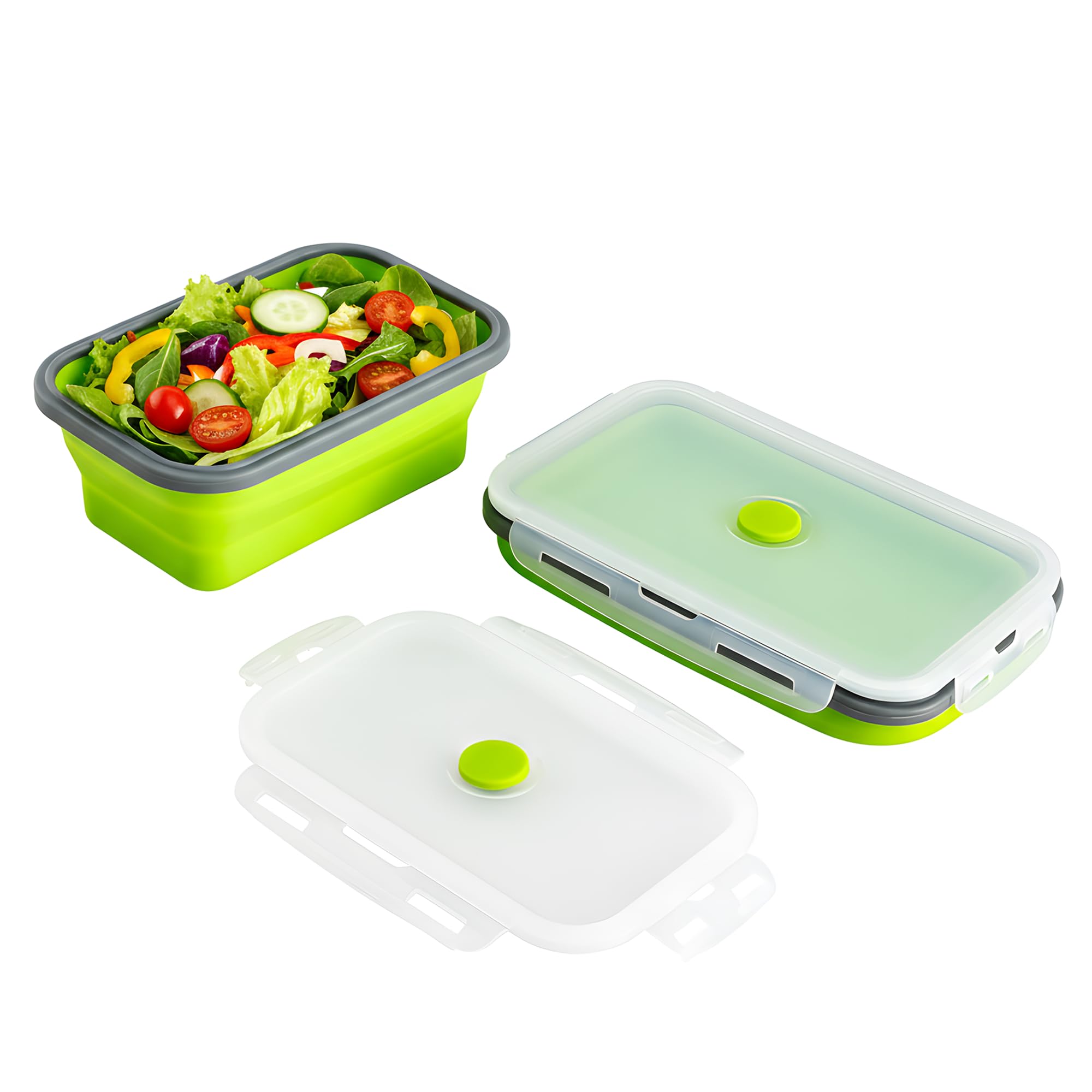 Silicone Lunch Box | Foldable Design with PP Lid | Leak-Proof Travel-Friendly Bento Box | Tiffin Box for School Office Kids | 800ml 1200ml Capacity | Green Pack of 2