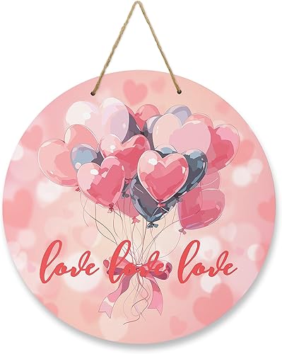 Seasonal Front Door Welcome Sign, Valentine's Day Heart Shape Balloon Round Wood Wreaths Wall Hanging Sign for Outdoor Porch Wall Pediments Home