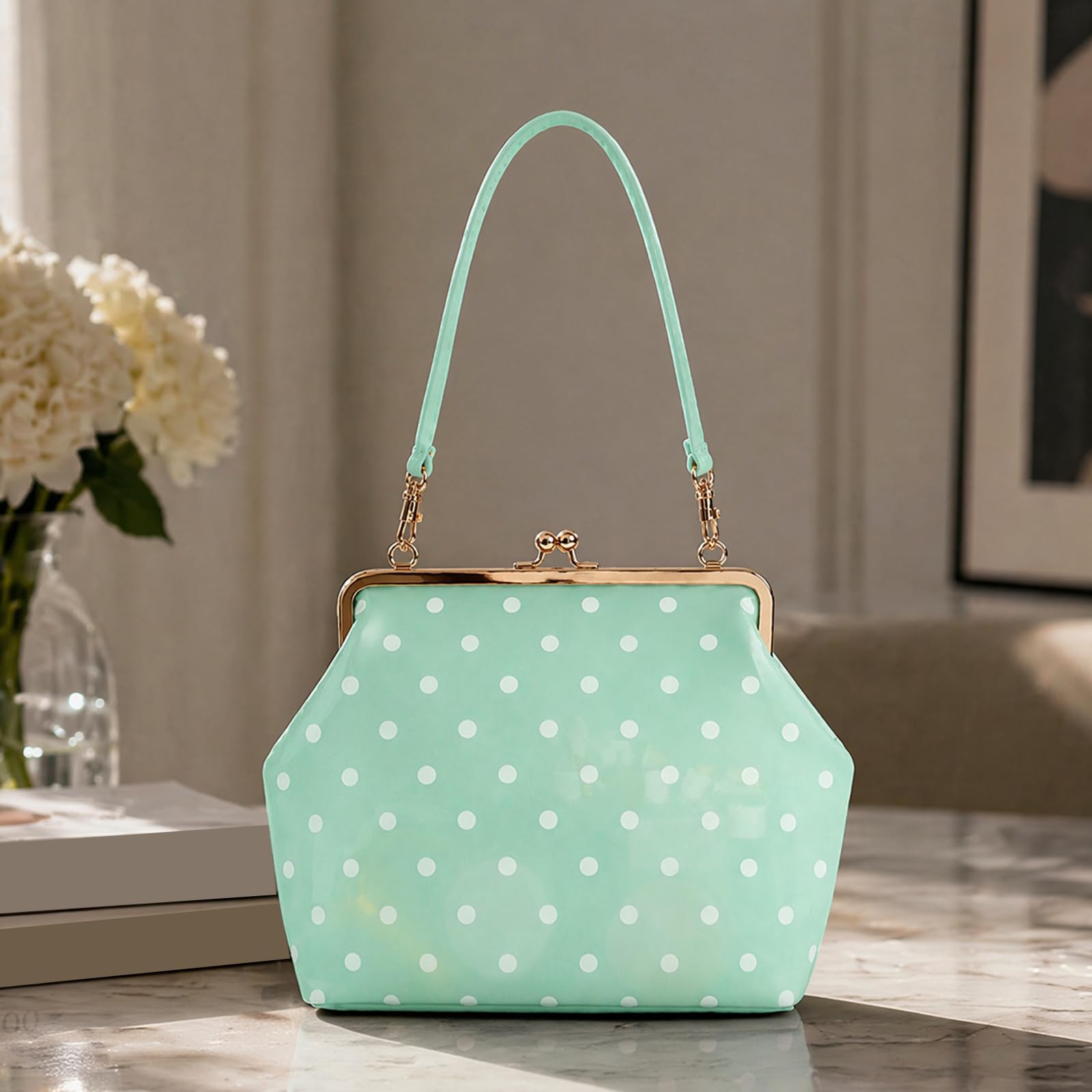Bolso bandolera de PVC transparente para mujer, diseño de lunares, grande, elegante, cierre de beso, impermeable, color caramelo, bolsa de transporte para uso diario y viajes (verde menta)